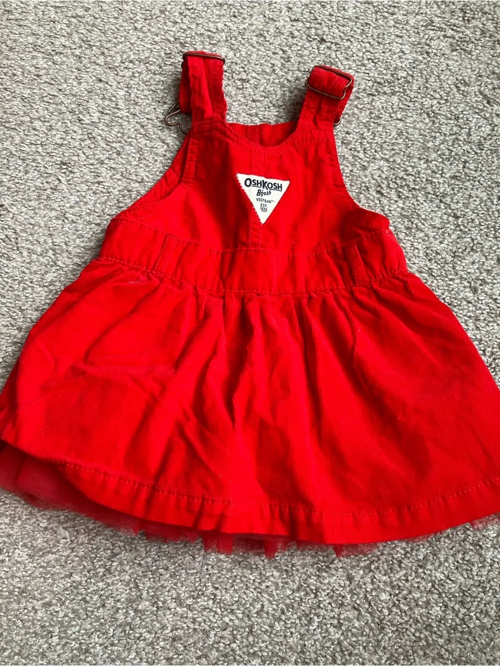 OshKosh B'gosh Bright Red Corduroy Overall Dress with Plaid Flower